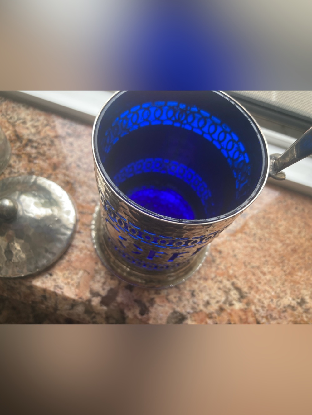 Hammered Silver Coffee Canister with Cobalt Blue Insets - Picture 5 of 12